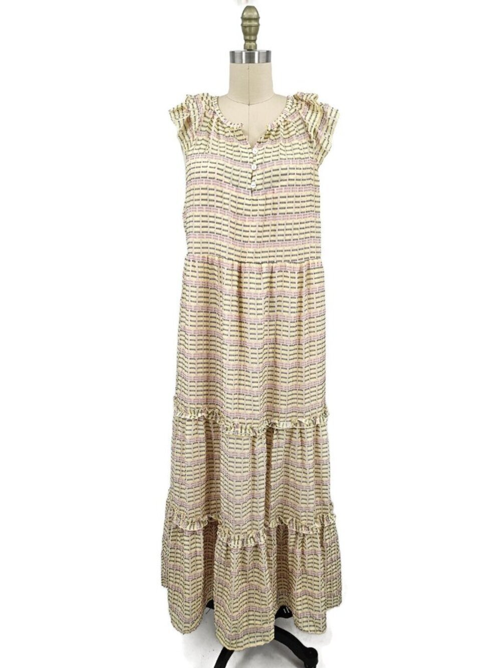 Betsey Johnson Pink Yellow Maxi Dress Womens L Grey Striped Ruffles